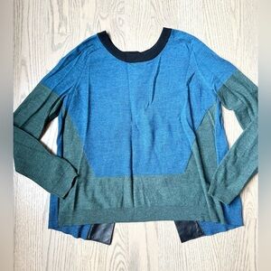 AIKO 100% Merino Wool Geometric Colorblock Split Back Sweater Leather Detail
